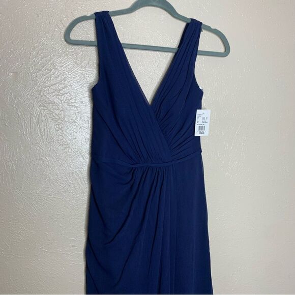 Davids Bridal faux wrap pleated chiffon maxi v neck dress marine navy - Picture 3 of 14